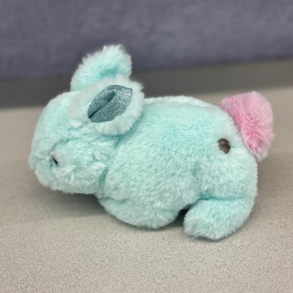 FAO Schwarz Bunny Rabbit Plush Stuffed Animal Light Blue Pink Tail Glitter Ears - Picture 1 of 8